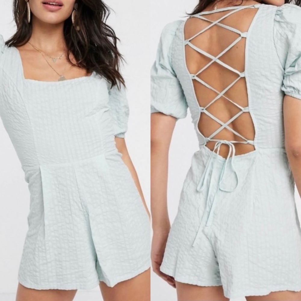 ASOS seersucker lace up back mint green romper